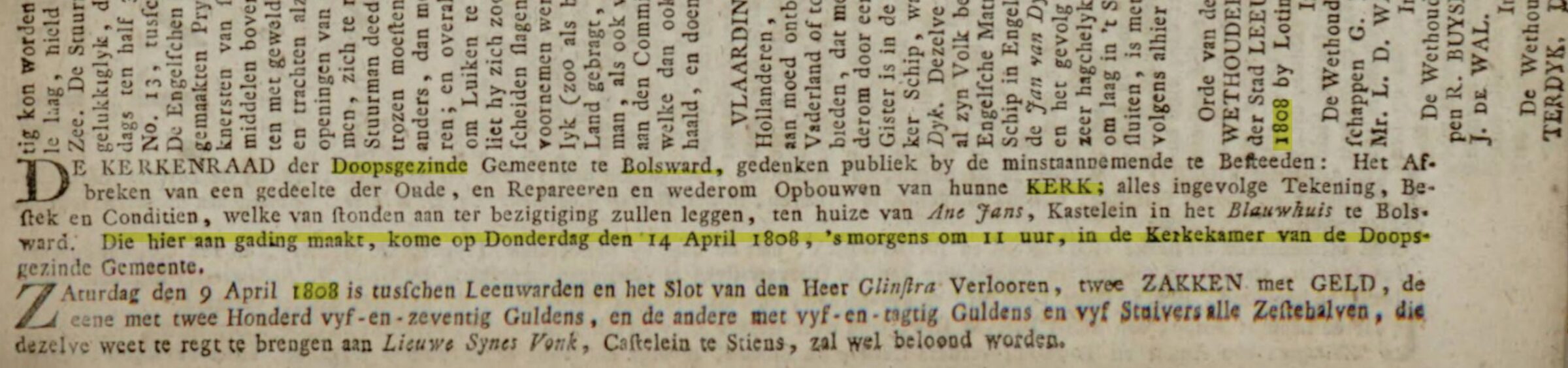 Doopsgezind Bolsward aanbesteding 1808 
